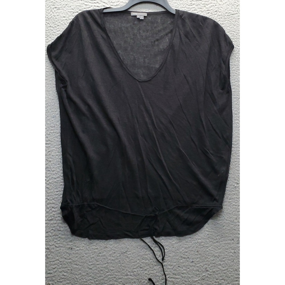 Vince Top Womens Medium Black Linen Short Sleeve Drawstring Hem V-Neck Pullover